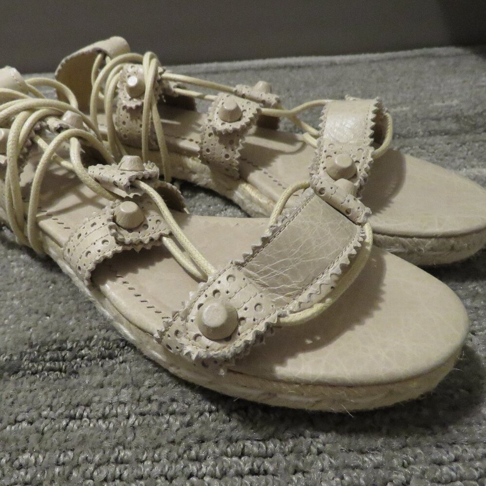 BALENCIAGA PARIS Arena Leather Gladiator Ankle Wrap Espadrilles in Praline Sz 6 - Picture 8 of 15